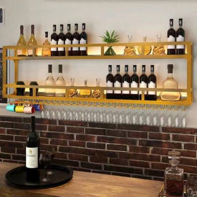 Wall Mounted Wine Rack with LED Light, Metal Floating Shelves for Liquor Bottles & Wine Glasses, Multi Functional Storage Shelf Wine Storage Display Rack for Home, Restaurant, Bars,Gold-150x25x55CM