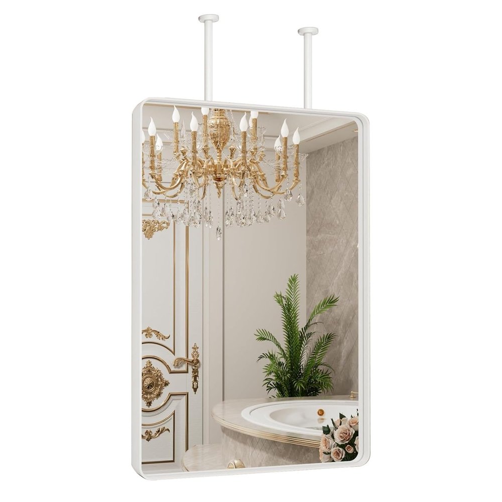 Gaommini Ceiling Hanging Rod Mirror with Double Boom, White Metal Frame Mirror Ceiling Mounted Mirror Bathroom Wall Mirror Vanity Make-up Mirror Large Square/Rectangle Mirror (Size : 50cmx70cm)