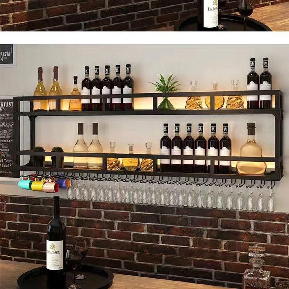 RESKIU Wall Mounted LED Wine Rack - Bottle & Glass Holder, Metal Floating Shelves Upside Hanging Goblet for Home, Restaurant, Bars,TWO-100CM
