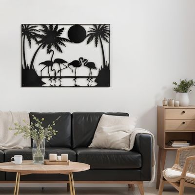 SIGNLEADER Metal Wall Art Moonlit Flamingos and Palm TreesDecor Modern Abstract Wall Sculpture Hangings Home Decoration for Living Room, Bedroom, Bathroom, Kitchen, Outdoor - 24" Black