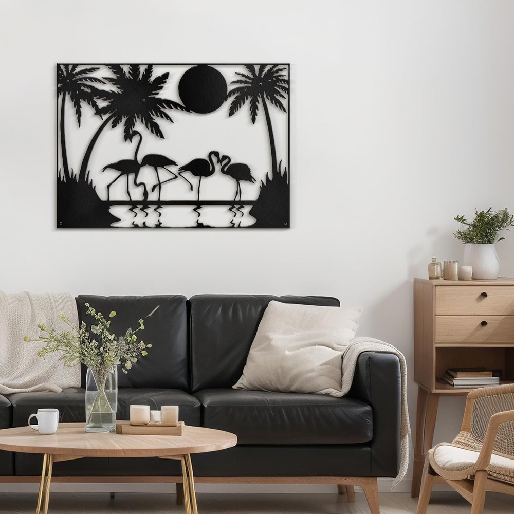 SIGNLEADER Metal Wall Art Moonlit Flamingos and Palm TreesDecor Modern Abstract Wall Sculpture Hangings Home Decoration for Living Room, Bedroom, Bathroom, Kitchen, Outdoor - 24" Black