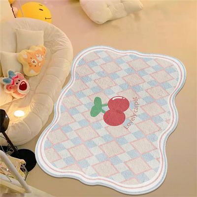 Houient Cherry Area Rug, 4x5ft, Original Retro Cartoon Cute Checkerboard Special-Shaped Carpet, Imitation Cashmere Girly Pink Bedside Floor Mats for Dining Room Kids Boy Girl Playroom Home Decor Dorm