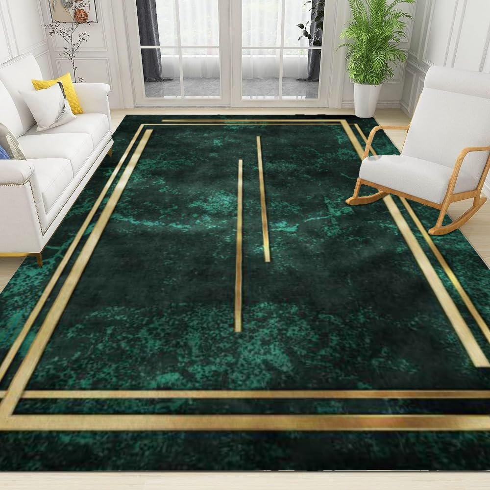 3x4 Area Rugs, Dark Green Retro Kids Bedroom Rug, Nordic Abstract Gold Geometric Border Bedside Rug, Rugged Non Slip for Cafe Living Room Under Table Boys Room Decor