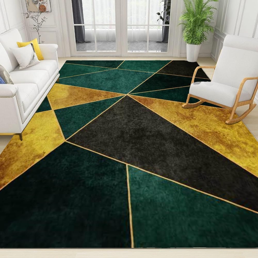 2x4 Runner Rugs, Gold Emerald Green Modern Fit Under Door Rugs for Entryway, Geometric Triangle Pattern Kitchen Runner Rug, Soft Non Slip Washable for Sink Entryway Hallways Indoor