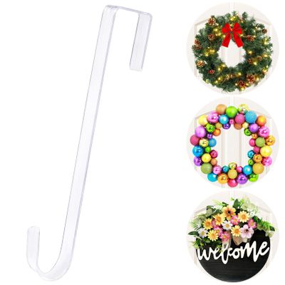 15'' Wreath Hangers for Front Door,Clear Wreath Door Hanger Hook Non Scratch Wreath Hanger,1 Pack Sturdy Over The Door Hooks for Hanging Large Christmas Easter Wreath Welcome Sign for Front Door