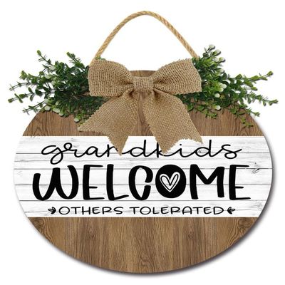 Sokomurg Welcome Sign for Front Door Grandkids Welcome Others Tolerated Wall Decor Funny Wreaths Hanging Decor Round Wooden Plaque Decoration Farmhouse Porch Decor for Home Grandparents Housewarming Gifts 11inch