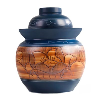 GVILTY Large Ceramic Pickle Jar With Lids,Blue Traditional Chinese Porcelain Pickle Jar Pickling Jars,Ceramic Fermentation Crock With Water Seal Airlock Lid,Sauerkraut Croc 3.5Kg