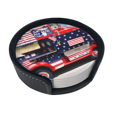 4th of July Patriotic Truck Print Coasters for Drinks Leather,Round Drink Coaster Suitable for Kinds of Cups Set of 6 Home Decor