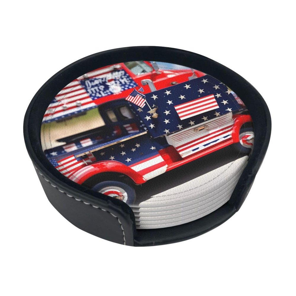 4th of July Patriotic Truck Print Coasters for Drinks Leather,Round Drink Coaster Suitable for Kinds of Cups Set of 6 Home Decor