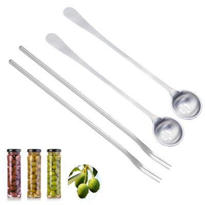 4 PCS Olive Spoon and Pickle Fork, 7.5 Inch Olive Spoons with Holes, 8.6 Inch Pickle Forks for the Jar, Stainless Steel Long Handle Food Picker for Pickle, Asanta Jars Serving Spoon and Fork Set