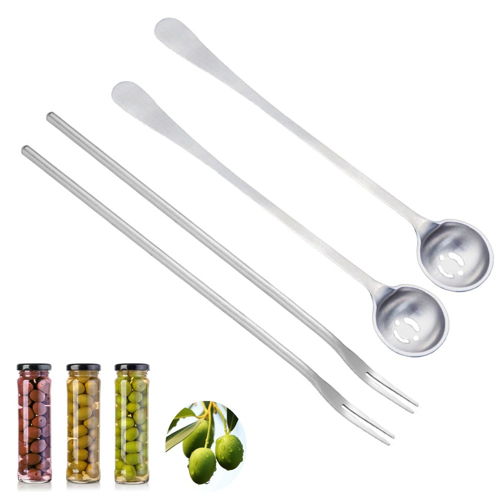 4 PCS Olive Spoon and Pickle Fork, 7.5 Inch Olive Spoons with Holes, 8.6 Inch Pickle Forks for the Jar, Stainless Steel Long Handle Food Picker for Pickle, Asanta Jars Serving Spoon and Fork Set