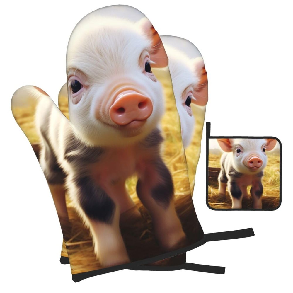 LZQPOEAS Oven Mitts and Pot Holders 3 pcs Set Oven Glove for Cooking Cute Farm Animal Oven Mitt Heat Resistant Kitchen Oven Gloves and Hot Pads Non-Slip Cooking Gloves for Baking Kitchen Hot Pads