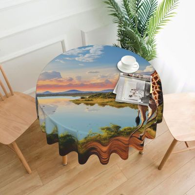 African Landscape with Nile River and Giraffe Print Table Cloth Round Tablecloth Waterproof Stain Resistant Table Cover Wrinkle Free Tablecloths for Kitchen Dining Tabletop Decoration 60 inch