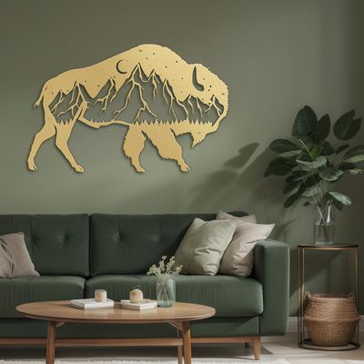 SIGNLEADER Metal Wall Art Decor Bison Mountain Landscape Cutout Modern Abstract Wall Sculpture Hangings Home Decoration for Living Room, Bedroom, Bathroom, Kitchen, Outdoor - 30" Gold