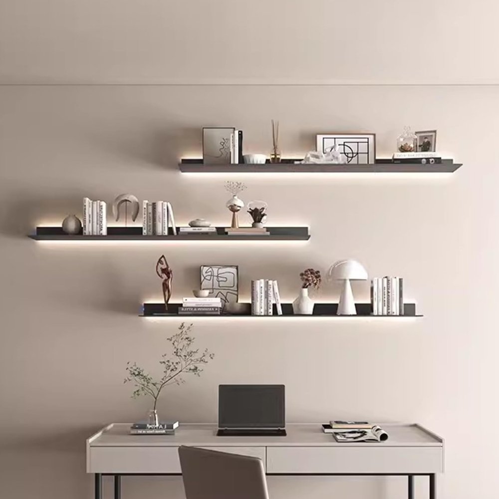 EMYJAY Floating Wall Shelves, Aluminum Alloy Floating Wall Shelves Wall Mounted Light-Emitting Shelves with LED Warm Light and Transformer (Color : Black, Size : 120x20x6.8cm)
