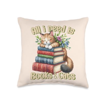 ApiDesign All i Need is Books Reading Enthusiast who Loves Cats Throw Pillow, 16x16, Multicolor