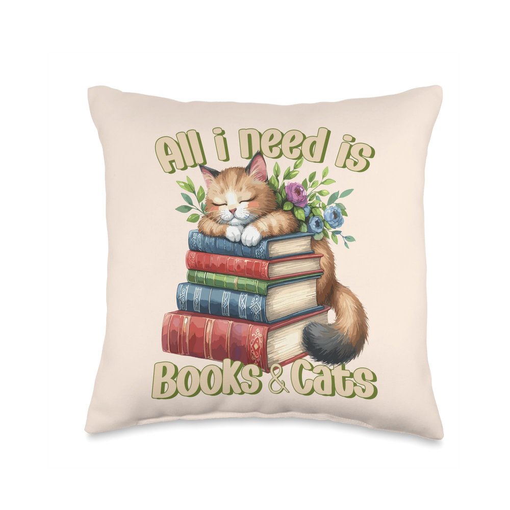 ApiDesign All i Need is Books Reading Enthusiast who Loves Cats Throw Pillow, 16x16, Multicolor