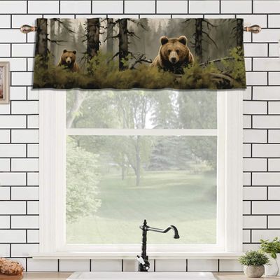 LHROOMJK Brown Bear Decor Kitchen Valance for Window, Rustic Camouflage Hunting Forest Cabin Treatment 1Panel x 54" W x 18" L for Bedroom Living Room,Rod Pocket Short Curtains for Bathroom Cafe