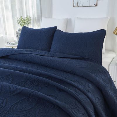 Brandream King Size Quilt Set Cotton Elegant Paisley Navy Blue Vintage Matelasse Coverlet Set 3-Piece