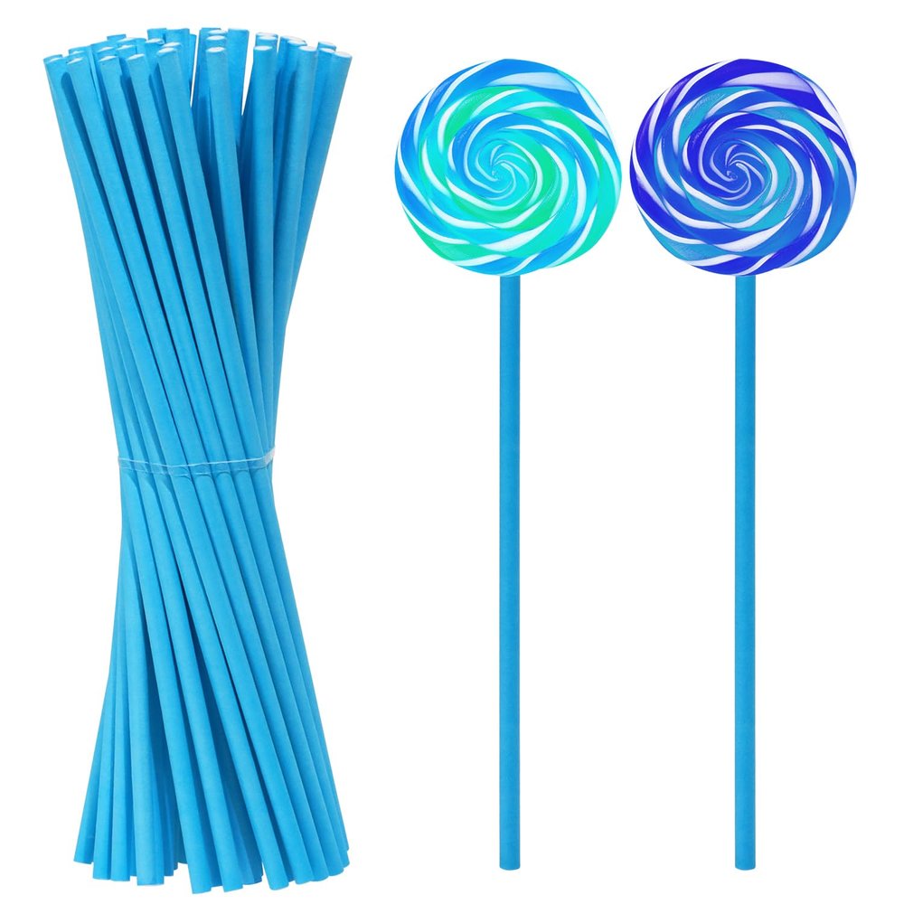 PPhtony 50Pcs Candy Paper Sticks Candy Making Treat Stick for Christmas Birthday Party Cake Pop Cupcake Topper Rainbow Candy Cookie Dessert Chocolate Sucker (Blue, 3.5x150mm)
