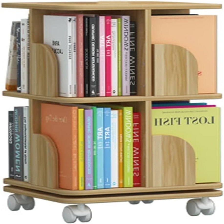 HOBIBA bookcases Rotating Bookshelf Floor-to-Ceiling Movable Bookcase Large- Storage Rack with Wheels 2/3/4 Layers Display Corner Standing Bookshelf(Size:2 Layer(74.5cm))