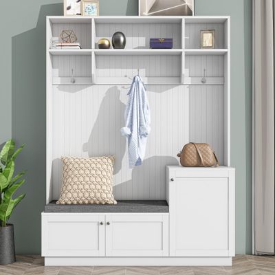Elegant Design 4-in-1 Hall Tree with Comfort and Storage Solutions, Functional Hallway Shoe Cabinet with Bench&Cushion, Modern Coat Rack with Hooks for Entryways Living Room Hallway (White-@05)