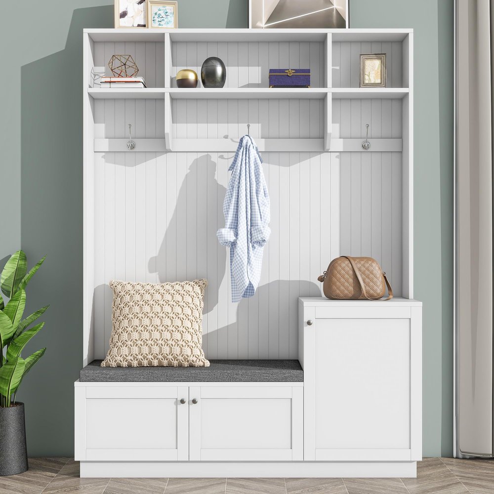 Elegant Design 4-in-1 Hall Tree with Comfort and Storage Solutions, Functional Hallway Shoe Cabinet with Bench&Cushion, Modern Coat Rack with Hooks for Entryways Living Room Hallway (White-@05)