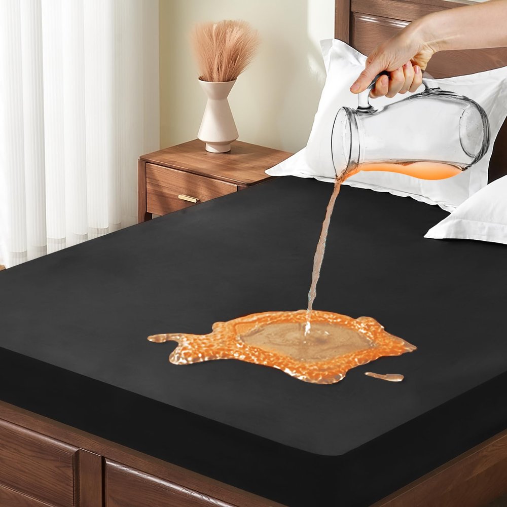 Full Mattress Protector Waterproof, Breathable Noiseless Bed Cover with Deep Pocket 6"-18", Machine Washable Mattress Cover Full for Bedroom, College Dorm, Hotel (Black, 54'' X 76'')