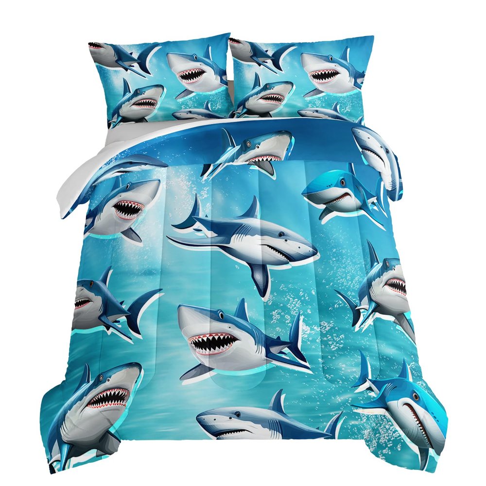 HOSIMA Teens Shark Print Bedding Sets Queen Size,Shark Swimming in The Underwater World Pattern Comforter Sets for Kids Boys Girls,Ocean Animal Theme Comforter Sets with Two Pillowcases.