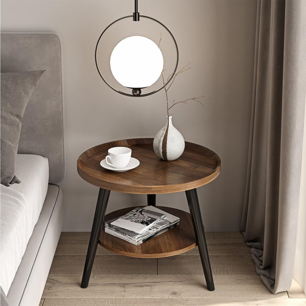 2 Tier End Table, Boho Side Table, Telephone Table, Nightstand, Bedside Table for Small Spaces, Bedroom, Living Room, Entryway, Farmhouse, Easy Assembly ( Color : Walnut , Size : 40x40x48cm(16x16x19in