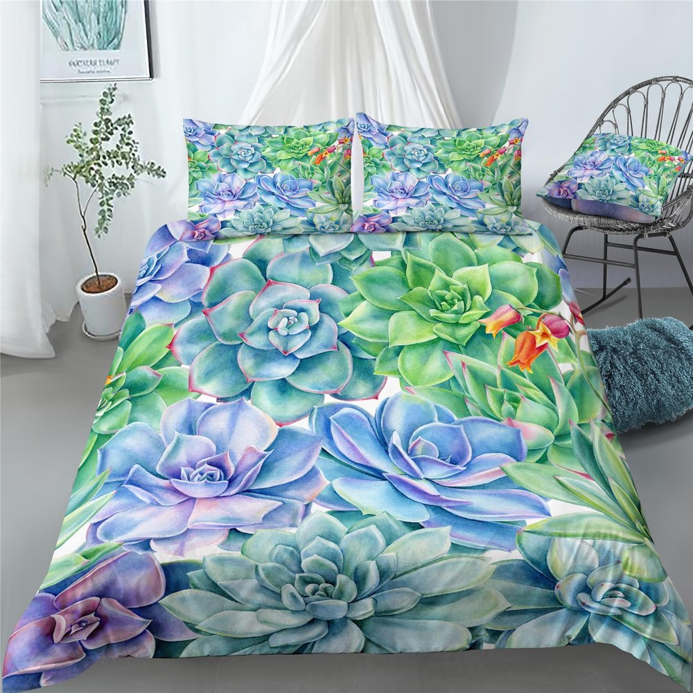 Desert Plant Succulent Decoration Cacti Comforter Set Bed in A Bag 7PCS Succulents Bedding Set,includ 1 Fitted Sheet + 1 Comforter + 4 Pillow Shams + 1 Flat Sheet (B,Full-Bed in A Bag-7PCS)