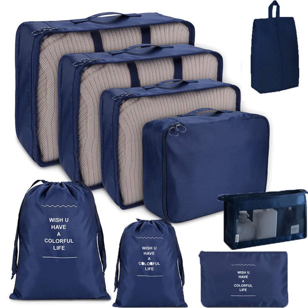 KAYNO Thickened cosmetic bag travel storage bag set nine-piece set clothing storage bag drawstring travel bag, dark blue