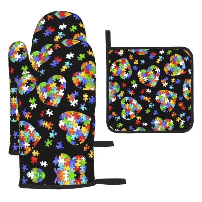 Autism Awareness Puzzle Pieces Heart Print Set of 3 Oven Mitts and Pot Holders,Heat Resistant Non-Slip Gloves for BBQ,Baking,Cooking,Oven