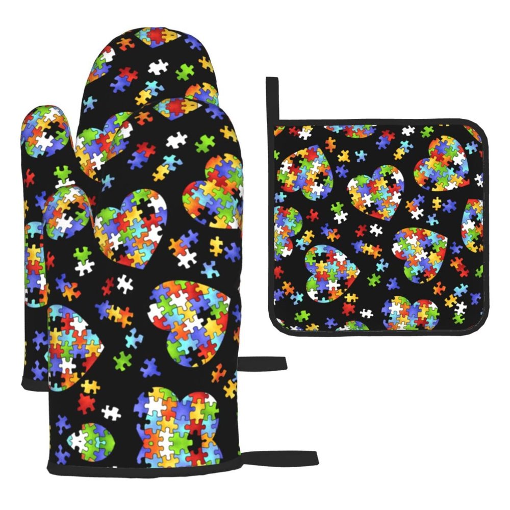 Autism Awareness Puzzle Pieces Heart Print Set of 3 Oven Mitts and Pot Holders,Heat Resistant Non-Slip Gloves for BBQ,Baking,Cooking,Oven