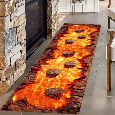 3D Optical Illusion Flame Runner, 4x10ft Abstract Lava Long Kitchen Rug, Retro Rock Cracks Print Indoor Bedroom Entryway Rug