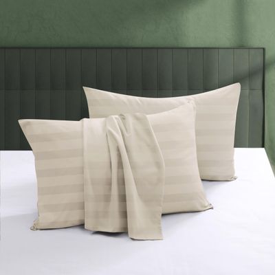 100% Egyptian Cotton Pillow Protectors Set of 4, 600 Thread Count King Size Bed Pillow Cases with Zipper, Sateen Weave Cooling Pillow Cases Quiet and Breathable Easy Care (4PCS, Stripe-Beige)