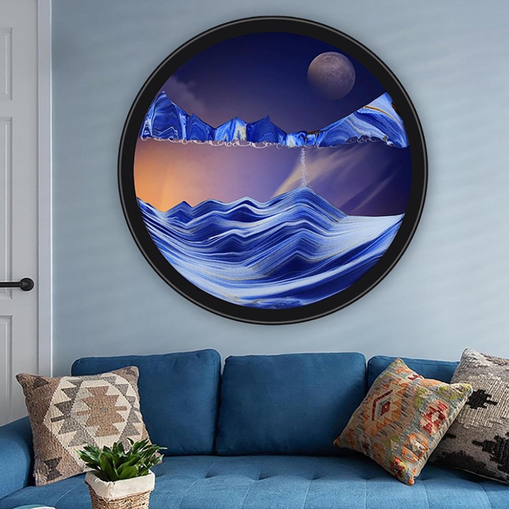 PROEATS Moving Sand Art, Wall Art Deep Sea Sandscape Room Decoration, 360Rotate Sand Art Liquid Motion, Glass Crafts Solid Wood Frame, Relaxing Wall Decor for Home Office (Blue2, 17.3in)