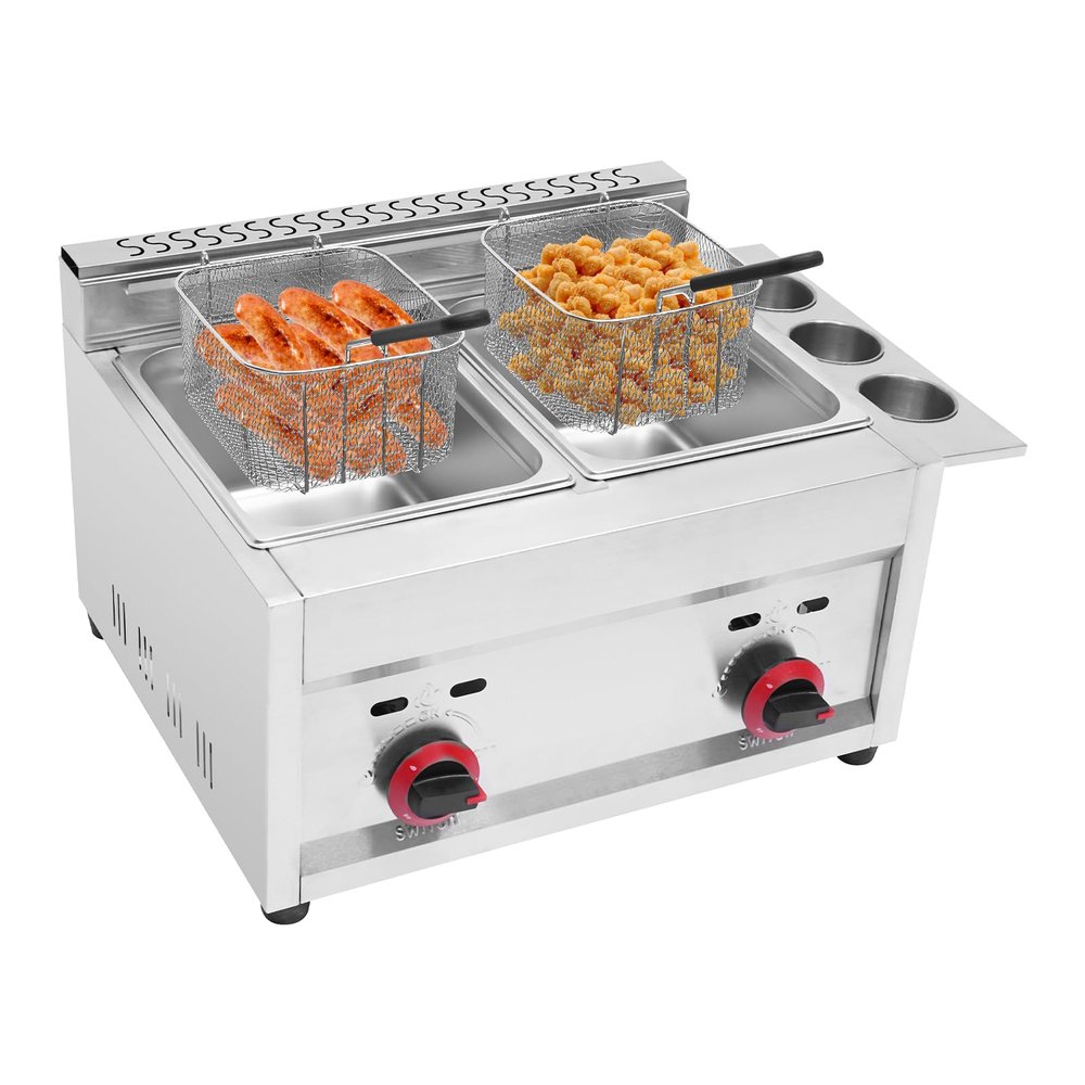 Commercial Electric Deep Fryer with 6L x 2 Removable Basket, Countertop Deep Gas Fryer, Stainless Steel Outdoor Cooker Chicken Chips Fryer with Temperature Control