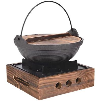 Hgjgwqh Commercial Cast Iron Pot Pan Japanese Style Cast Iron Shabu Shabu Hot Pot Single Serving Sukiyaki Nabe Pot with Wood Lid and Cooking Stove Outdoor Cookware Set for BBQ Picnic Camping,24cm/9.5i