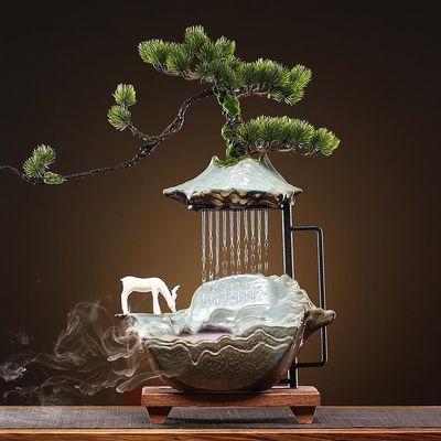 Water Fountain for Home Decor, LED Light Cascading Fountain for Indoor Outdoor, Zen, Modern Design with Ceramic Body, Handamde Kiln Ceramic (deer bowing its head,Small,W/O LED Light)