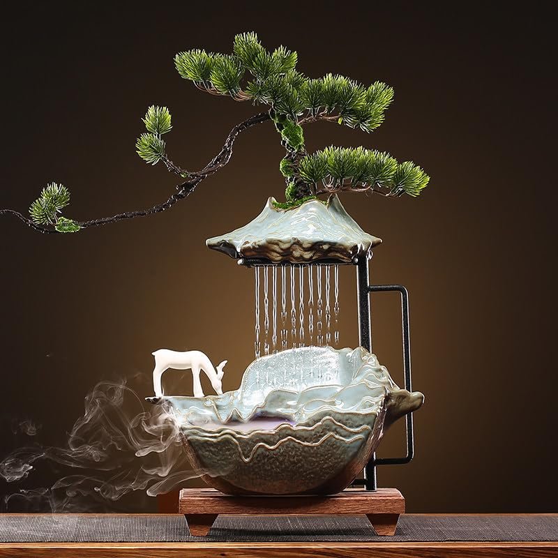 Water Fountain for Home Decor, LED Light Cascading Fountain for Indoor Outdoor, Zen, Modern Design with Ceramic Body, Handamde Kiln Ceramic (deer bowing its head,Small,W/O LED Light)