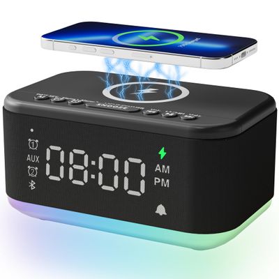 Alarm Clock Speaker Wireless Charger, Digital Alarm Clocks Bedrooms Bluetooth, Alarm Clock Dimmable Light Bedrooms Dual Alarm Snooze Dimmer 12 24H RGB Night Light Bluetooth USB AUX, Black