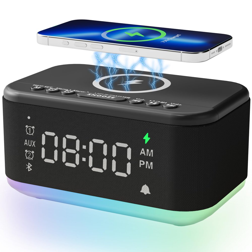 Alarm Clock Speaker Wireless Charger, Digital Alarm Clocks Bedrooms Bluetooth, Alarm Clock Dimmable Light Bedrooms Dual Alarm Snooze Dimmer 12 24H RGB Night Light Bluetooth USB AUX, Black