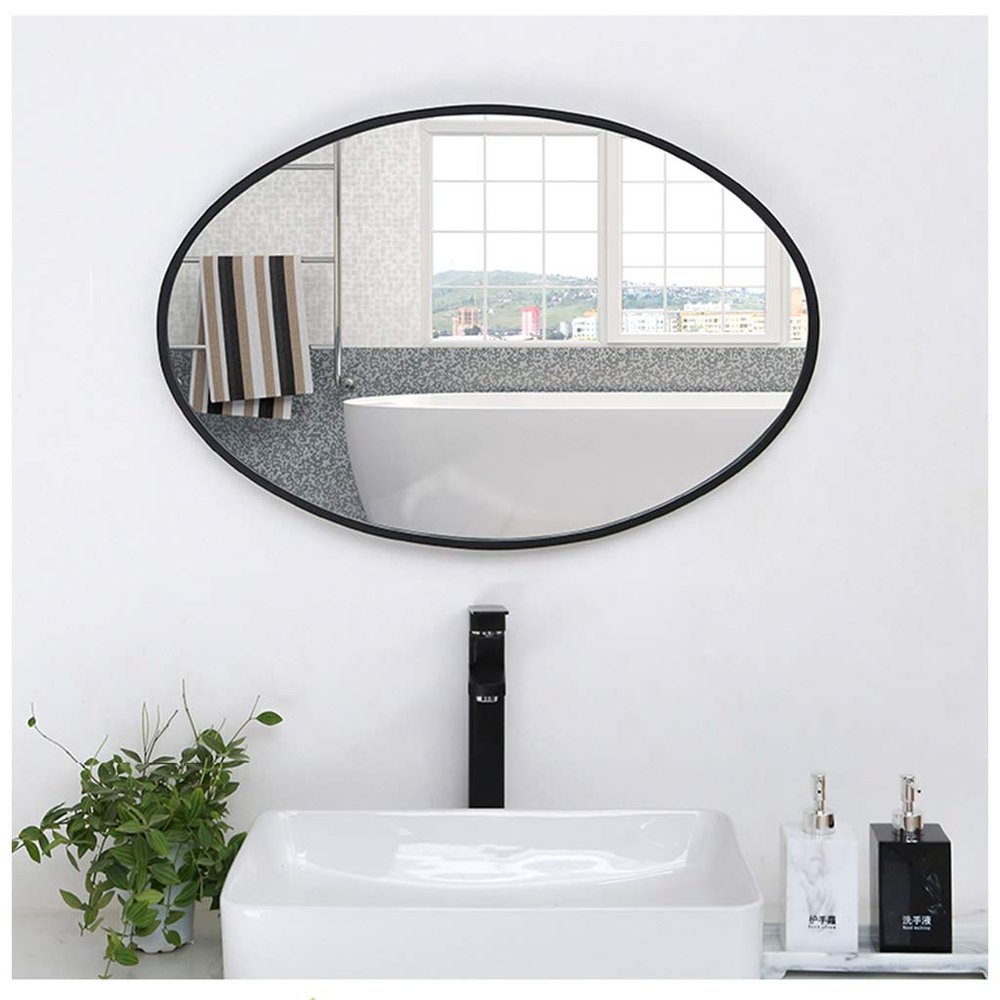 Modern Plain Bathroom Oval Wall Mirror with Fixings Or Hangs Horizontal Vertical Black Contemporary Silver Backed Floating Glass Panel