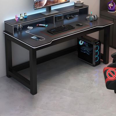 KWOKING Computer Desk with Metal H-Shape Base Cable Management Double Computer Table Desktop Student Desk Study Table Office Desk E-Sports Table Black Table with Shelf 51.2" L x 23.6" W x 29.5" H