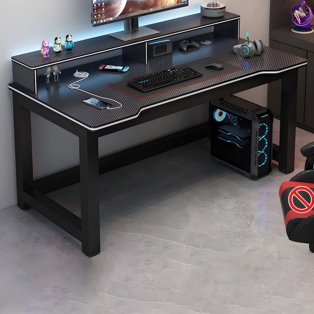 KWOKING Computer Desk with Metal H-Shape Base Cable Management Double Computer Table Desktop Student Desk Study Table Office Desk E-Sports Table Black Table with Shelf 51.2" L x 23.6" W x 29.5" H