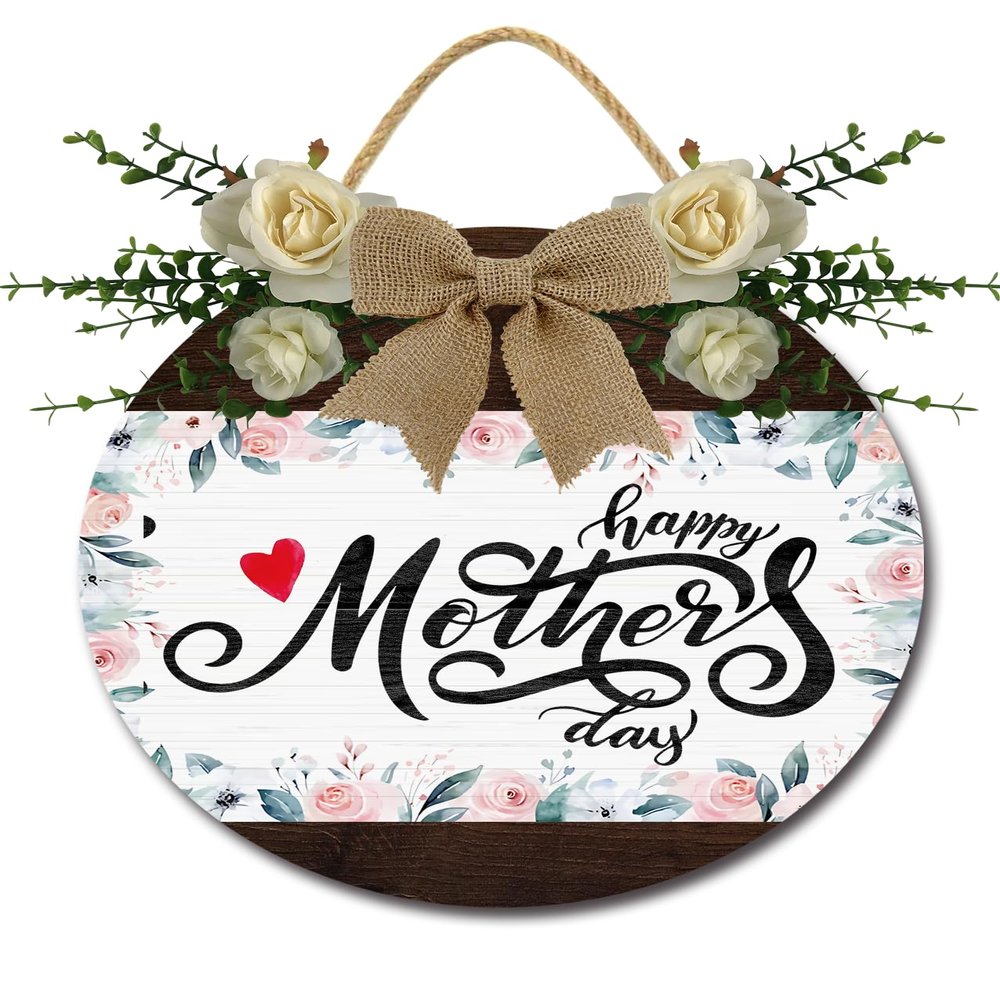Uptell Mother's Day Sign for Front Door Wooden Front Door Sign Home Decor Wall Mom Love Art Hanging Plaque Farmhouse Rustic Mother Wife Gift Decoration 12 Inch, WOOJXI240103XE03q