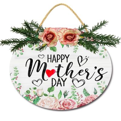 Uptell Mothers Day Door Sign for Front Door Wooden Mom Sign Home Decor Wall Art Hanging Plaque Wreath Sign for Front Door Farmhouse Rustic Mother Wife Gift 12 Inch