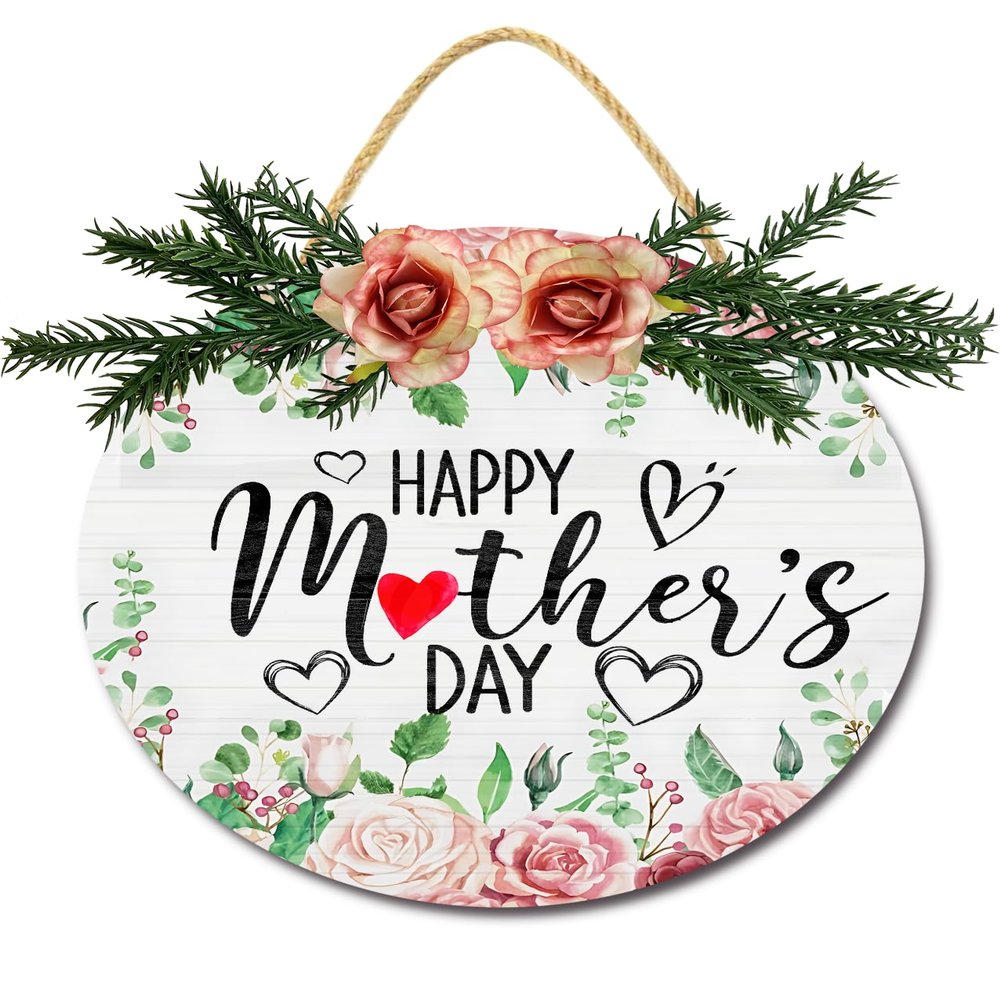 Uptell Mothers Day Door Sign for Front Door Wooden Mom Sign Home Decor Wall Art Hanging Plaque Wreath Sign for Front Door Farmhouse Rustic Mother Wife Gift 12 Inch