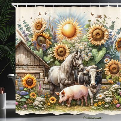 Ambesonne Rustic Shower Curtain, Vintage Rural Farmhouse Scene with Flowers Sun Horse Cow and Pig, Cloth Fabric Bathroom Decor Set with Hooks, 69" W x 70" L, Earth Yellow and Multicolor